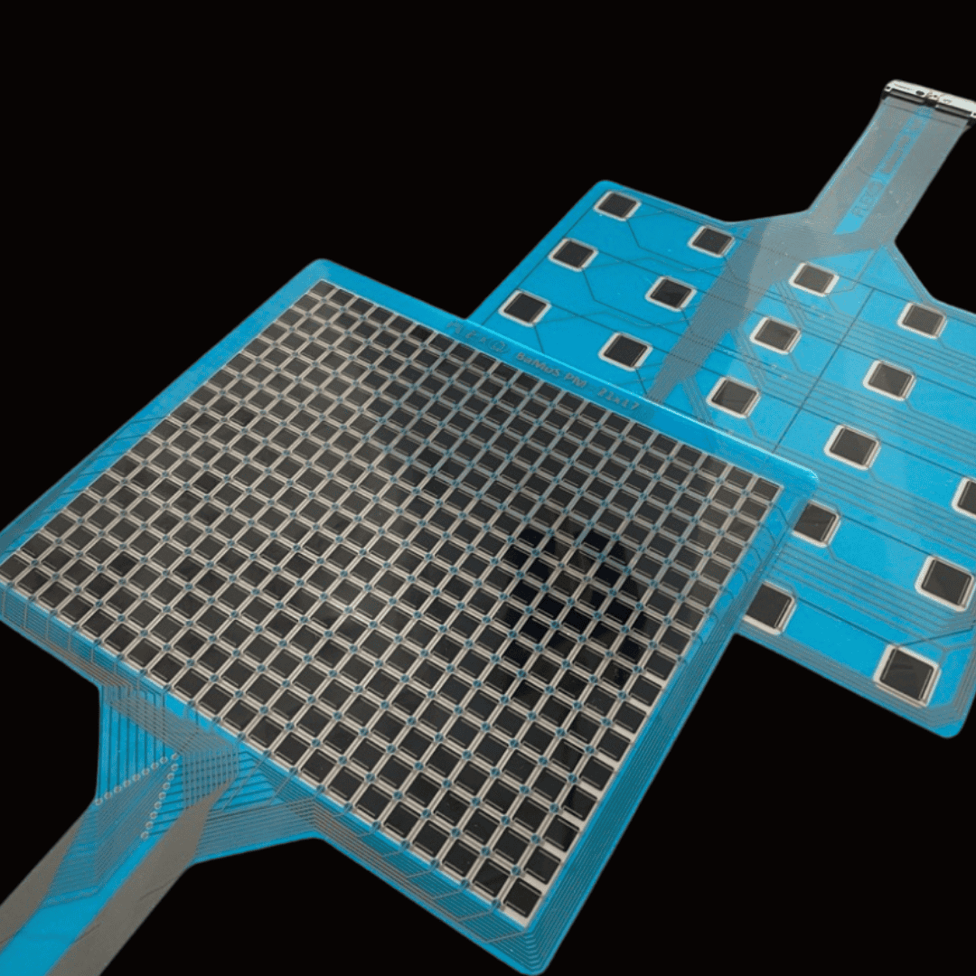 Close up of printed pressure and temperature sensor for batteries