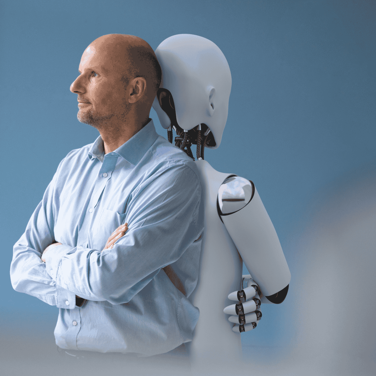 Man standing back to back with a humanoid robot