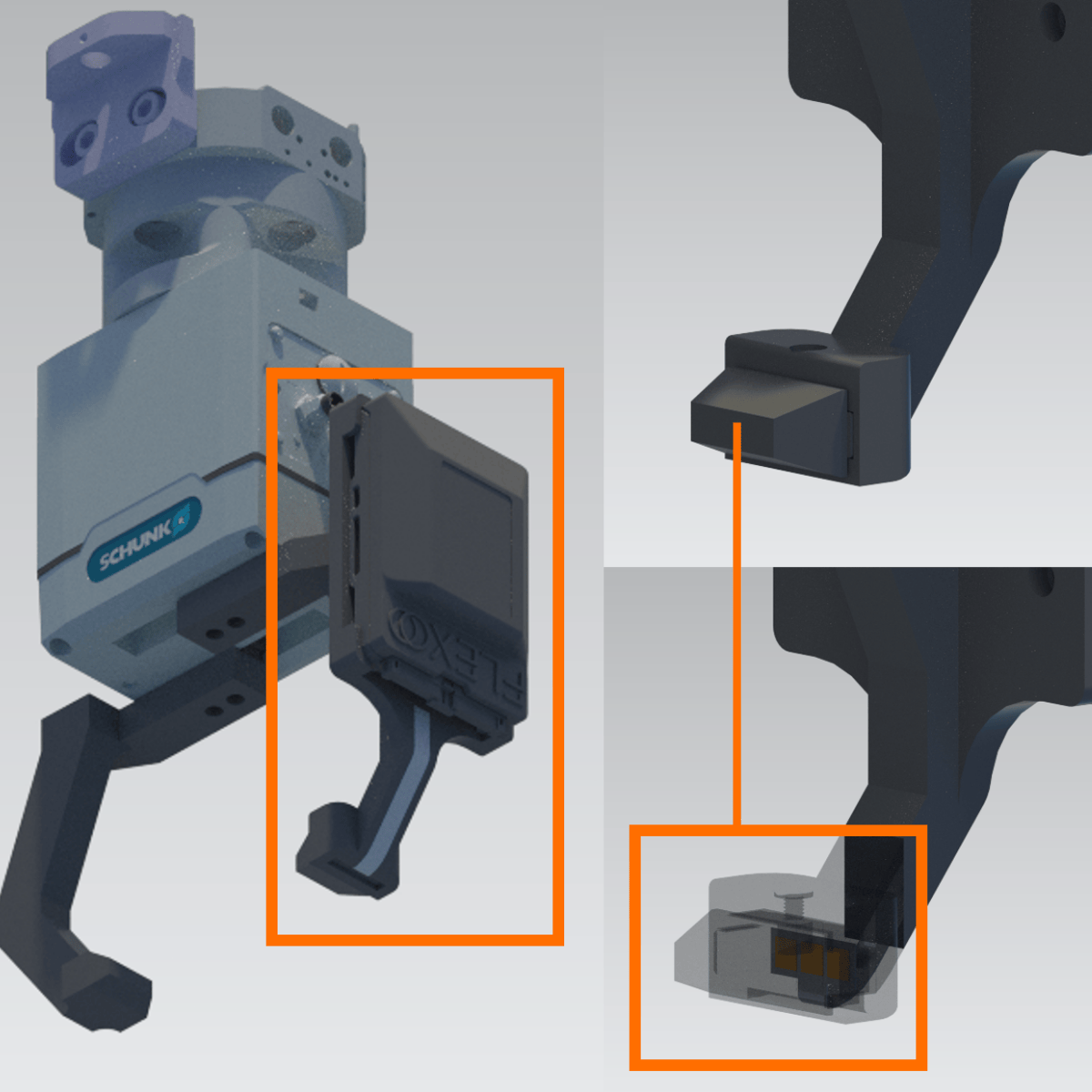Roboter gripper with surface-integrated sensing at the edge shown in total and in close-up view