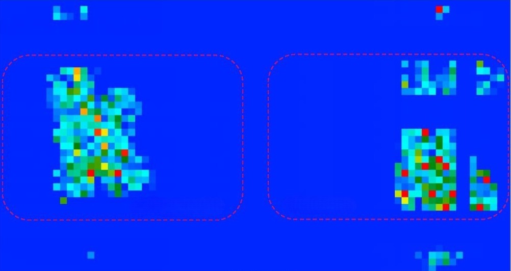 Visualized signals from sensors measuring the pressure distribution of an 85 kg person on the backrest (left) and seat cushion (right) of a car seat.