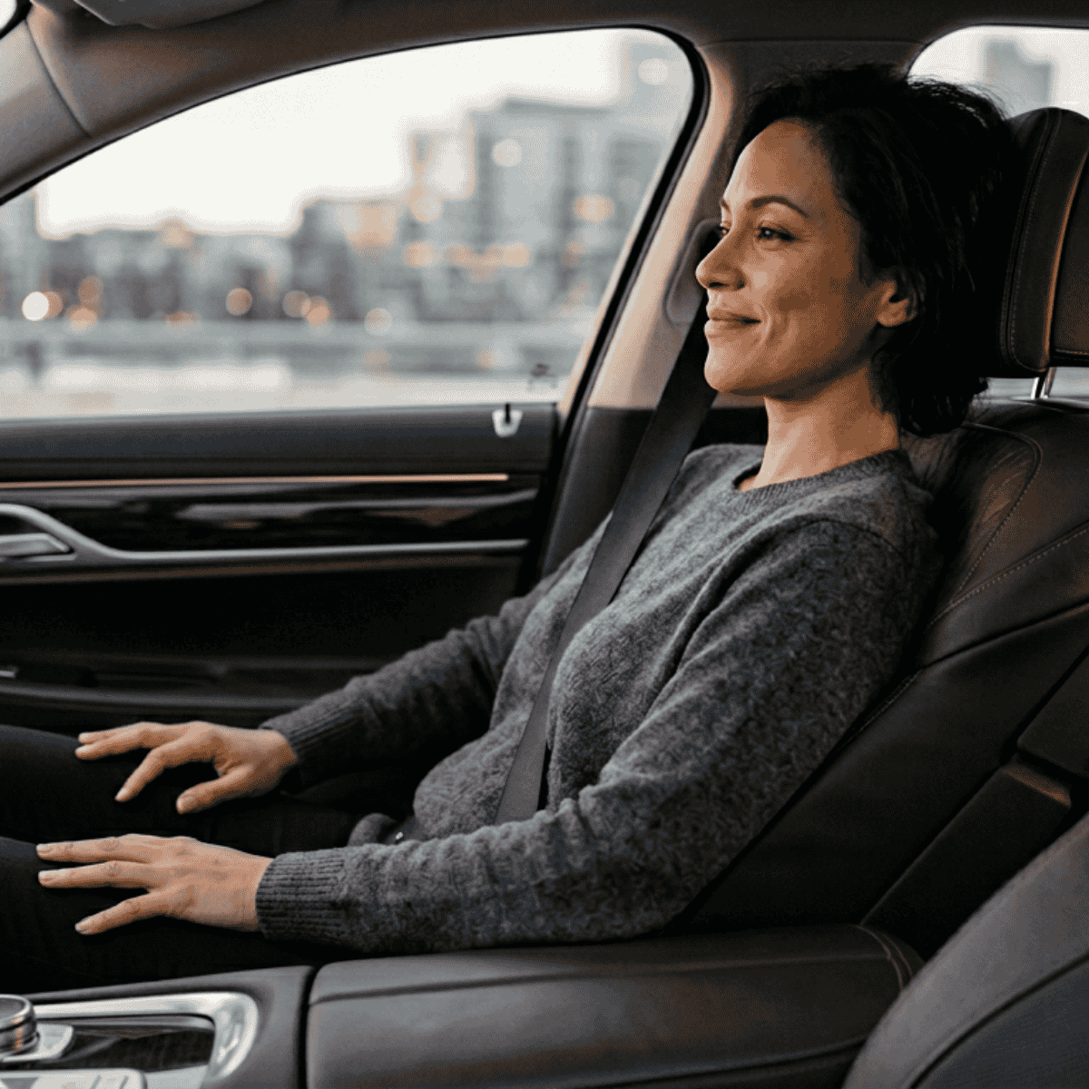 Woman sitting in car, smiling