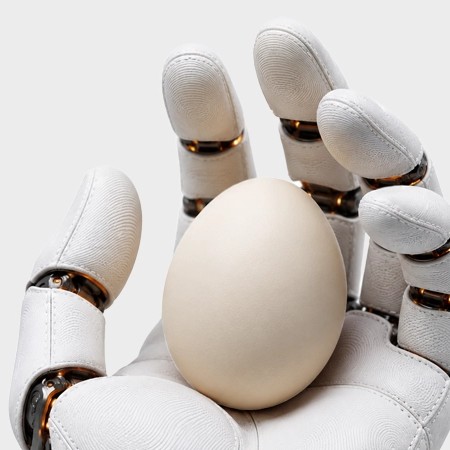 White colored robotic hand holds an egg