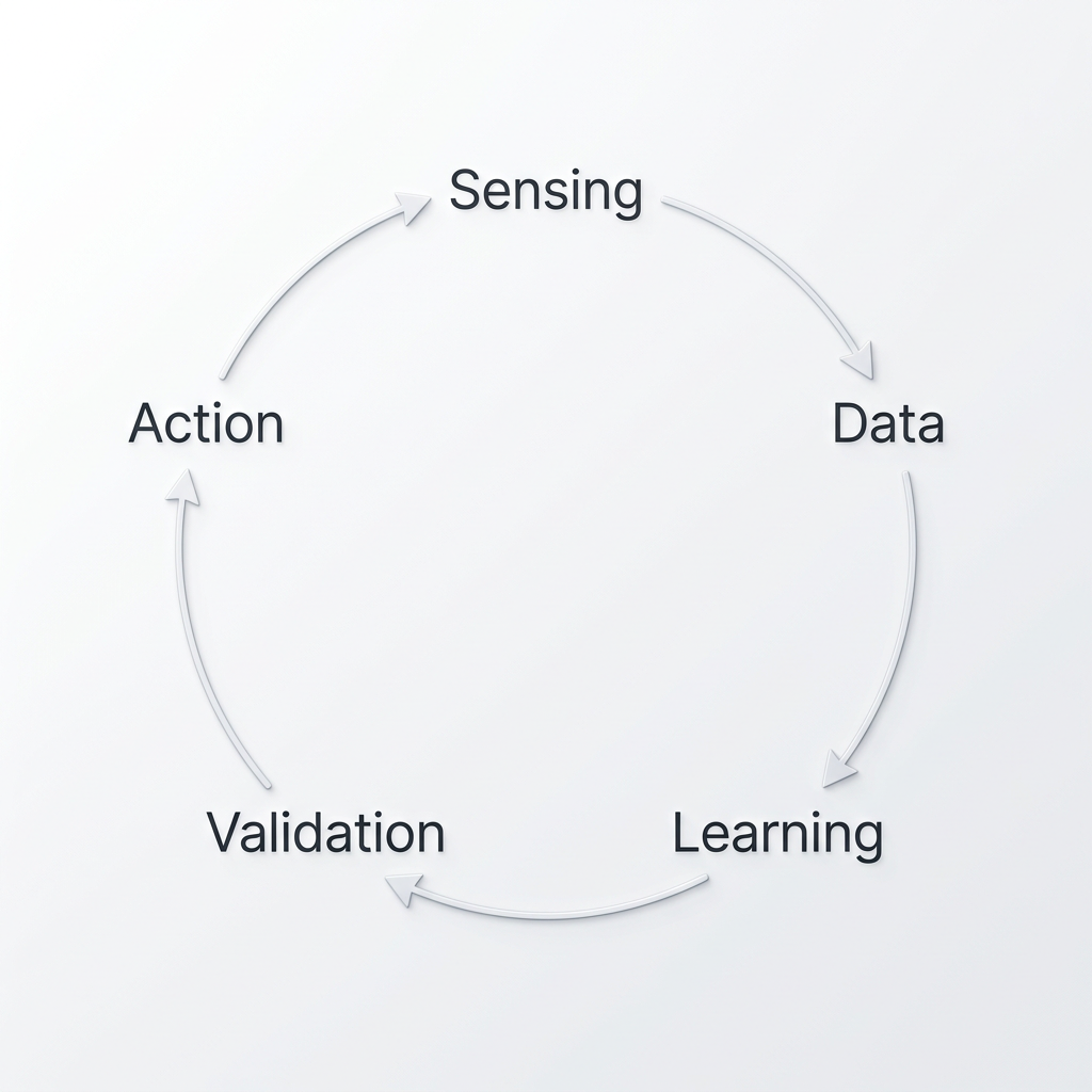 Graphic shows process from sensing to data to learning to validation and action as closed loop